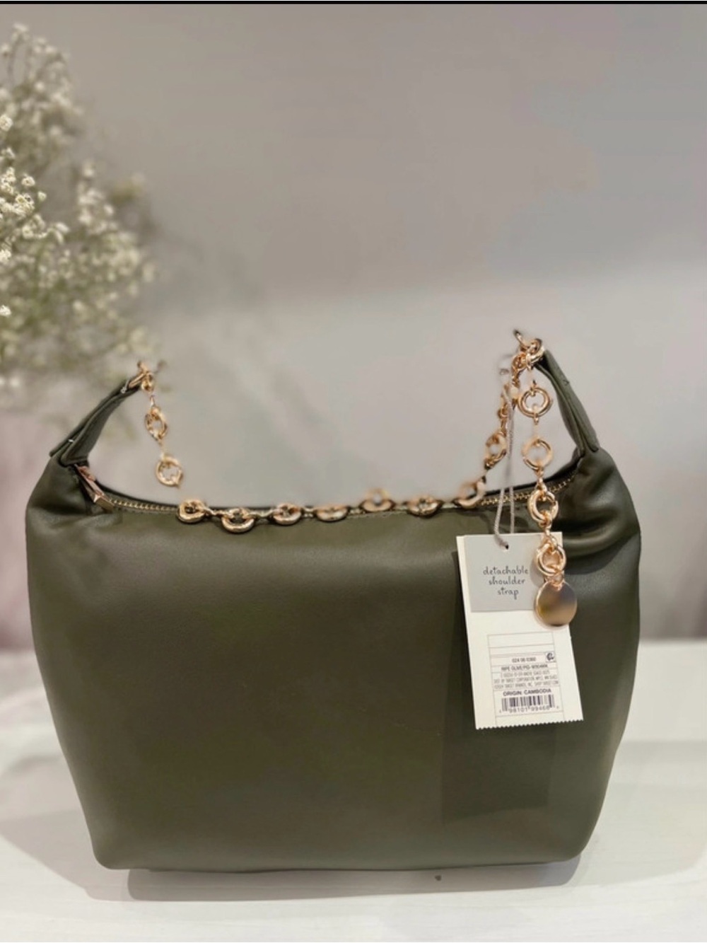 Olive Green Chain-Accent Shoulder Bag